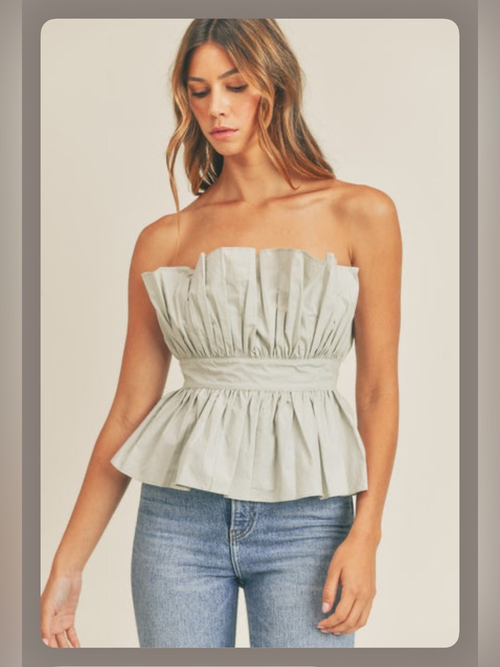 NWT sz M Mable Strapless Ruffle Peplum Top Poplin soft Light Sage Green  $48!